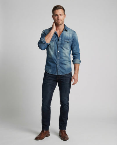 Herren Tailliertes Denimhemd Druckknopfleiste