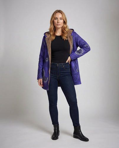 Damen Boho-Patchwork-Kapuzenmantel Teddyfutter