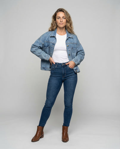 Damen Boxy-Jeansjacke Große Fronttaschen
