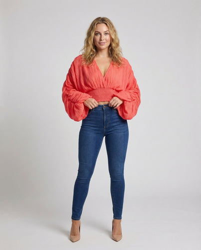 Damen Plissiertes Crop-Top Smock-Taillenbund