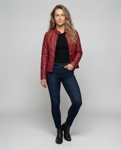 Damen Kunstlederjacke Stehkragen Nahtdetails