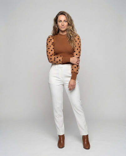 Damen Rollkragen-Feinstricktop Tupfen-Mesh-Ärmel