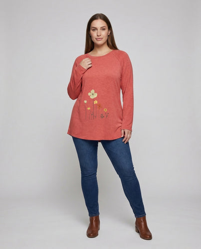 Damen Tunika-Longshirt Blumenprint Raglanärmel