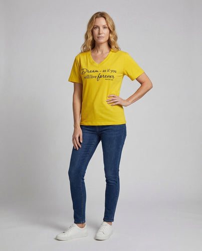 Damen V-Ausschnitt-Shirt Statement-Schriftzug
