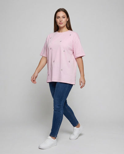 Damen Besticktes Baumwoll-T-Shirt Blütenstickerei
