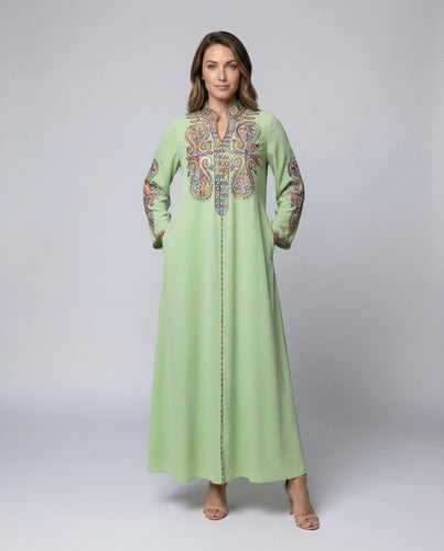 Damen Maxikaftan Paisley-Stickerei Zierknopfleiste