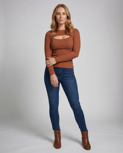 Damen Ripp-Langarmshirt Schlitzförmiges Dekolleté