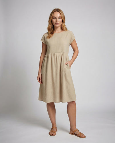 Damen Midikleid Taillenpass Seitliche Eingrifftaschen