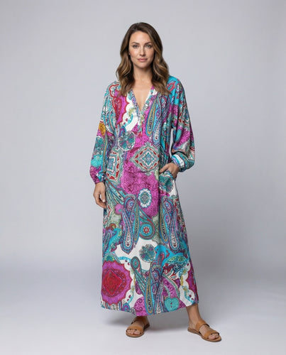 Damen Boho-Kaftan Maxikleid Tiefer Ausschnitt