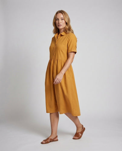 Damen Hemdmidikleid Taillenraffung Kurze Ärmel