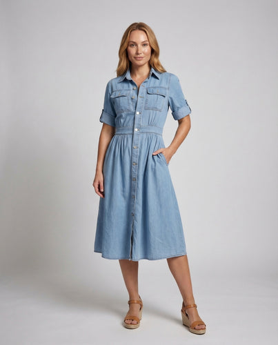Damen Midi-Jeanskleid Smock-Taille Eingrifftaschen
