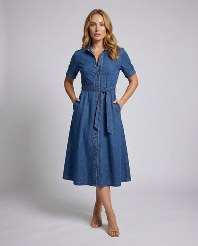 Damen Hemdblusen-Midikleid Breiter Bindegürtel