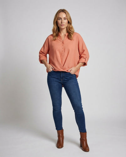 Oversize-Pullover Halbe Knopfleiste Vordere Raffung
