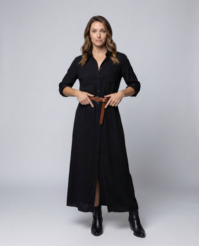 Damen Hemdblusenkleid Taillengürtel Seitenschlitze