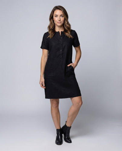 Damen Leinenmix-Kurzkleid Henley-Knopfleiste