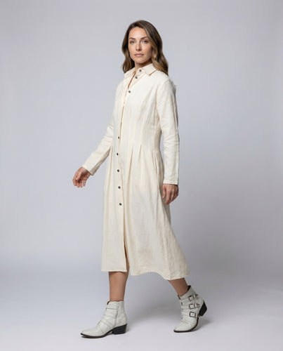 Damen Leinen-Hemdkleid Mantelstil Verdeckte Knopfleiste