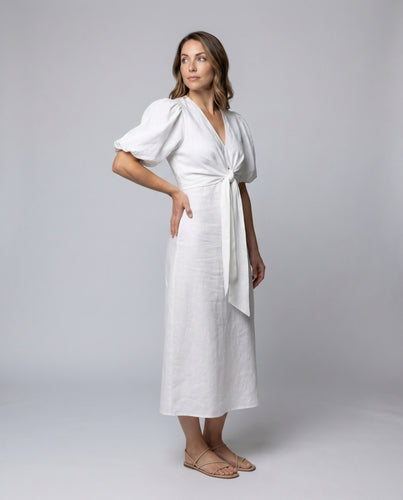 Damen Leinenmix-Midikleid Knotenbindegürtel