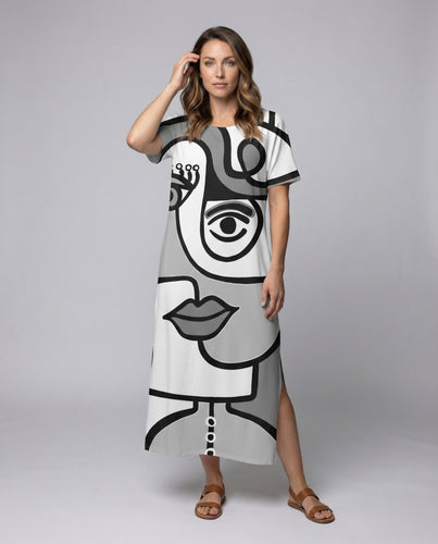 Damen Maxikleid Abstrakter Gesichtsprint