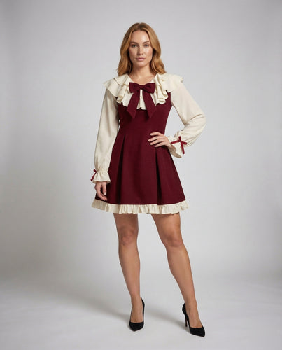 Damen Minikleid Volantkragen Schleifenapplikation