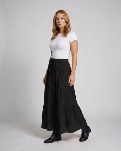 Stufiger Maxirock Elastischer Bund Plisseeoptik