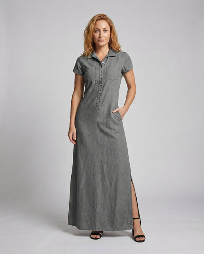 Damen Maxi-Polo-Kleid Leinenoptik Seitenschlitz