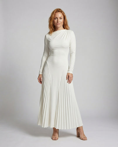Damen Maxikleid Plissee-Einsätze Langarm