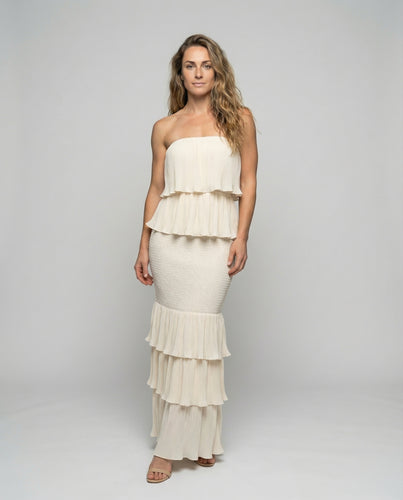 Damen Plissee-Maxikleid Bandeau-Oberteil Volantrock