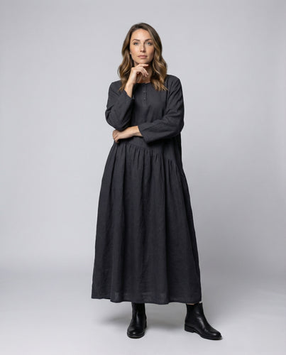 Damen Leinenkleid Geraffte Taillennaht Knöchellang