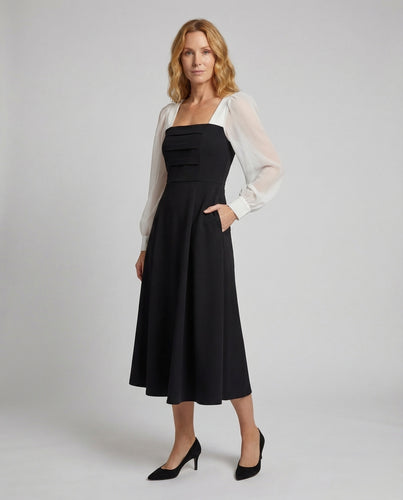 Damen A-Linien-Midikleid Chiffon-Puffärmel Korsagen-Passe