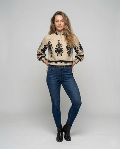 Damen Stehkragenbluse Stoffknopfleiste Grafischer Print