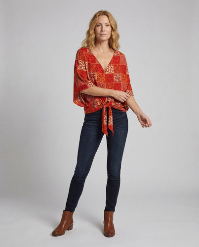 Damen Boho-Knotenbluse Kimonoärmel V-Ausschnitt
