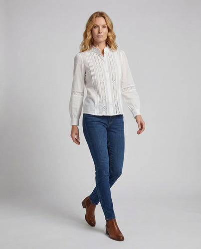 Damen Boho-Spitzenbluse Stehkragen Puffärmel