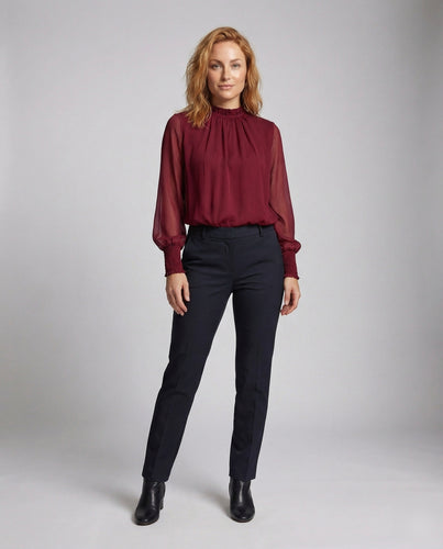 Damen Chiffonbluse Stehkragen Smockmanschetten