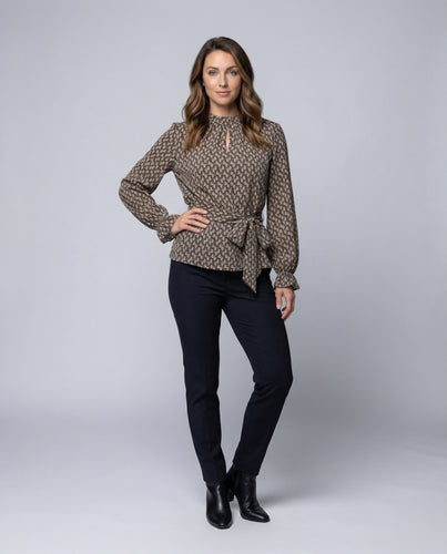 Damen Retroprint-Bluse Geraffter Stehkragen Rüschenmanschetten