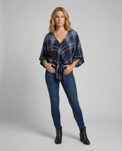 Damen V-Ausschnitt-Bluse Kimonoärmel Knotenfront