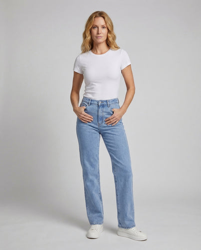 Damen hochtaillierte Denim-Palazzohose mit geradem Bein