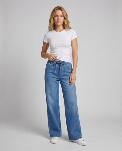 Damen hochtaillierte Denim-Palazzohose mit Tunnelzug