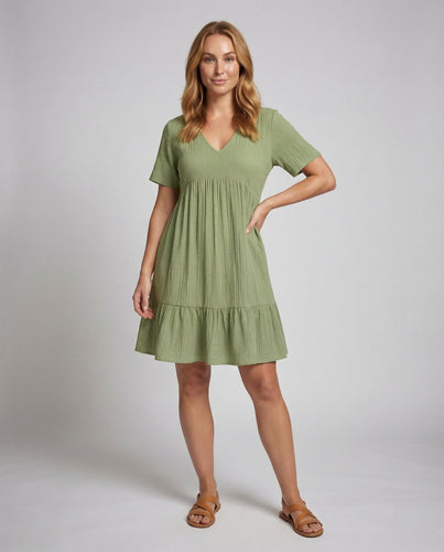 Damen Leinenoptik-Midikleid mit feinen Streifen und A-Linie.