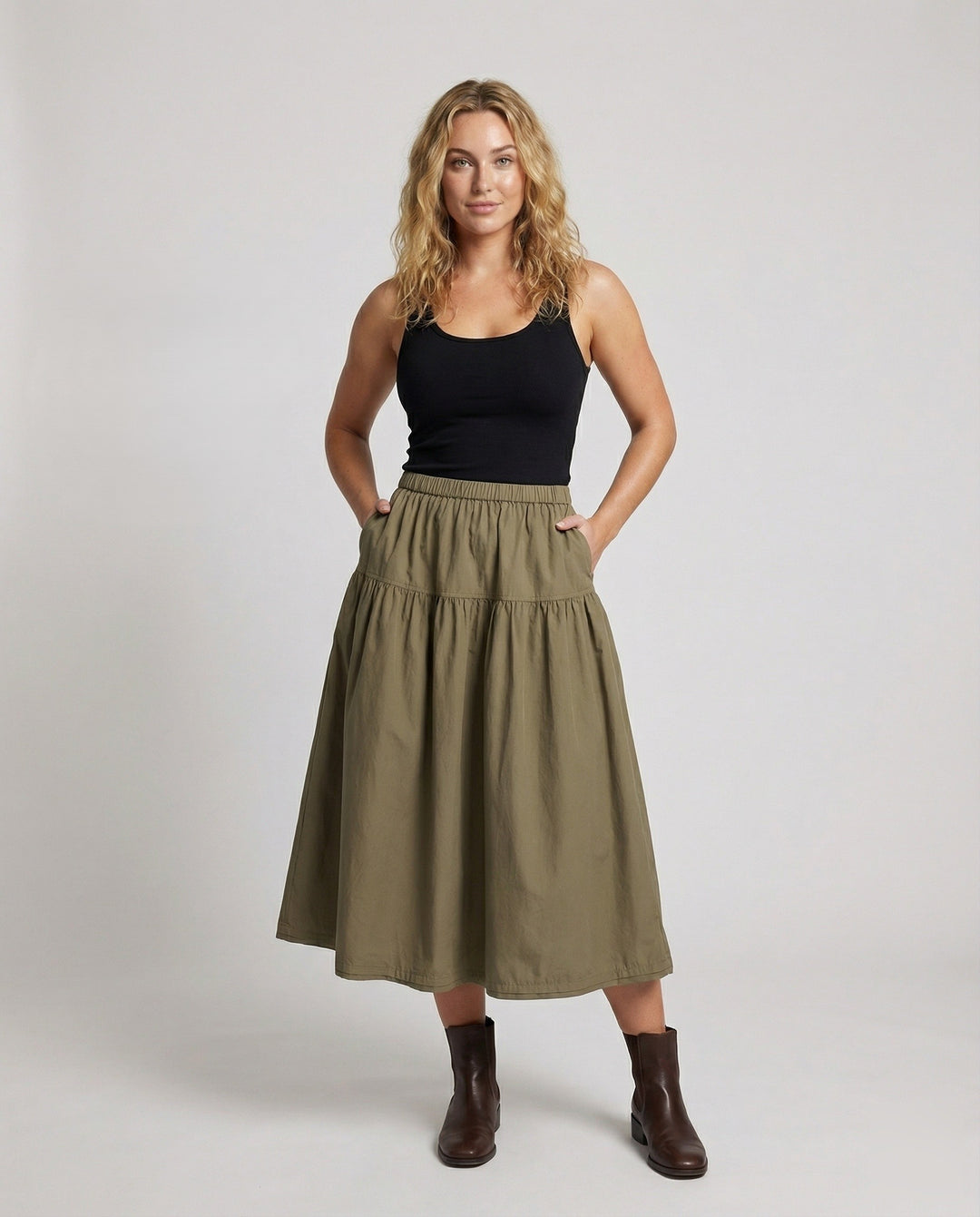 Damen weicher Midi-Stufenrock mit Gummibund