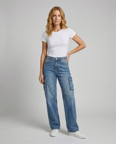 Damen weite Cargo-Jeans mit hoher Taille