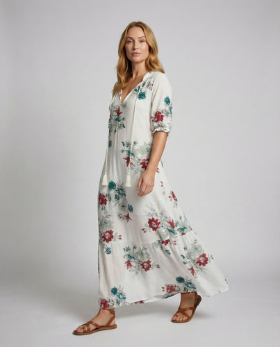 Damen Baumwoll-Gaze-Maxikleid mit Print