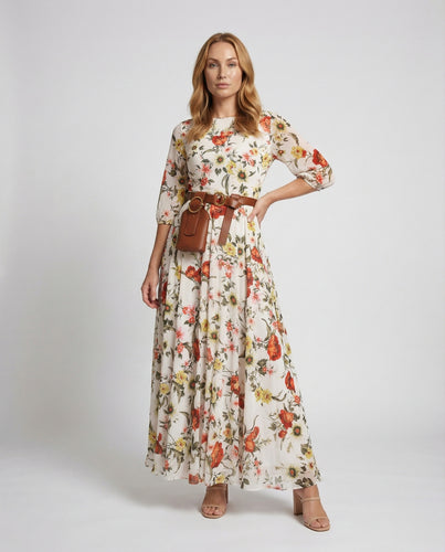 Damen fließendes Plissee-Maxikleid mit Gürteltasche