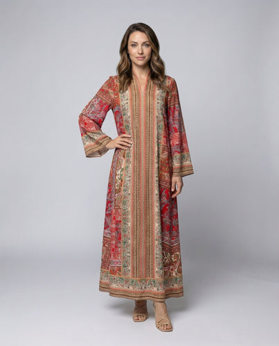 Damen folkloristisches Maxikleid mit Mandarinkragen