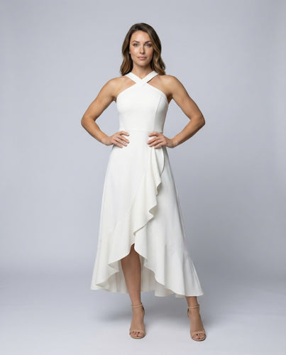 Damen gekreuztes Halter-Cocktailmidikleid mit Volantrock