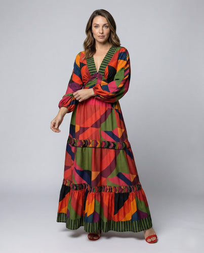 Damen geometrisches Stufenmaxikleid mit Ballonärmeln