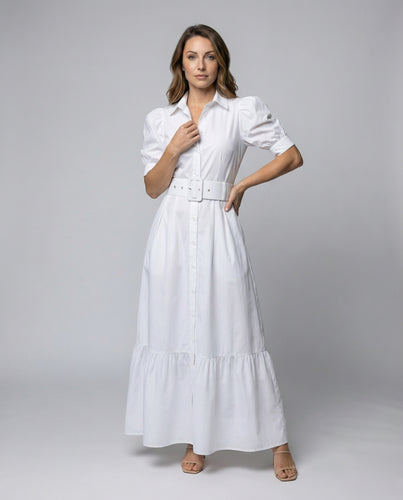 Damen Hemdmaxikleid mit Puffärmeln und Stufenrock
