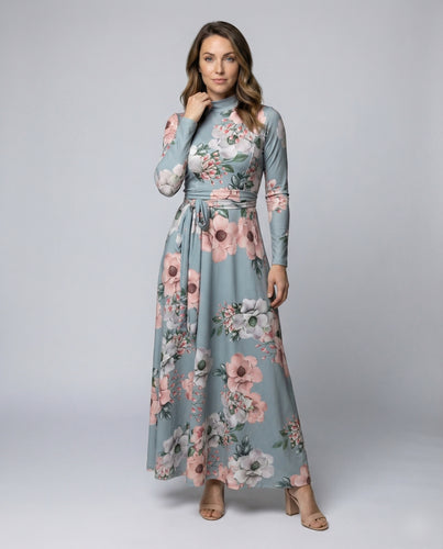 Damen langes florales Maxikleid mit Stehkragen