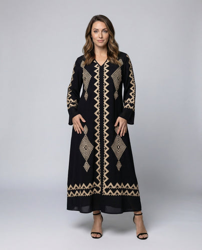 Damen langes Kaftankleid mit geometrischer Stickbordüre