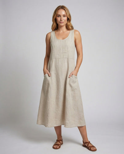 Damen lässiges Leinenmix-Maxikleid mit weitem Fall