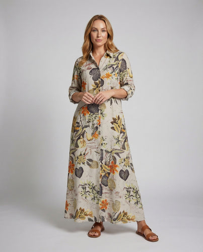 Damen lässiges Maxi-Hemdkleid in Leinenoptik